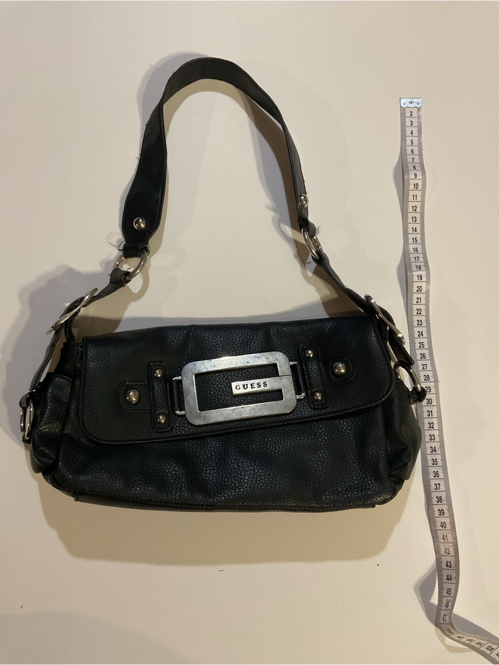Vintage Y2K GUESS Black Pebbled Baguette Shoulder Bag Chunky Silver Logo Plate